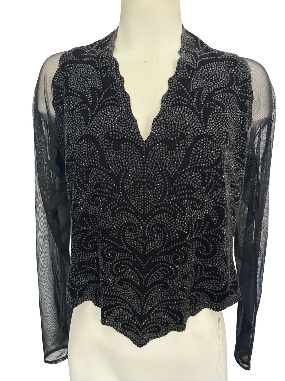 Black Sparkly V-Neck Long Mesh Sleeve Blouse